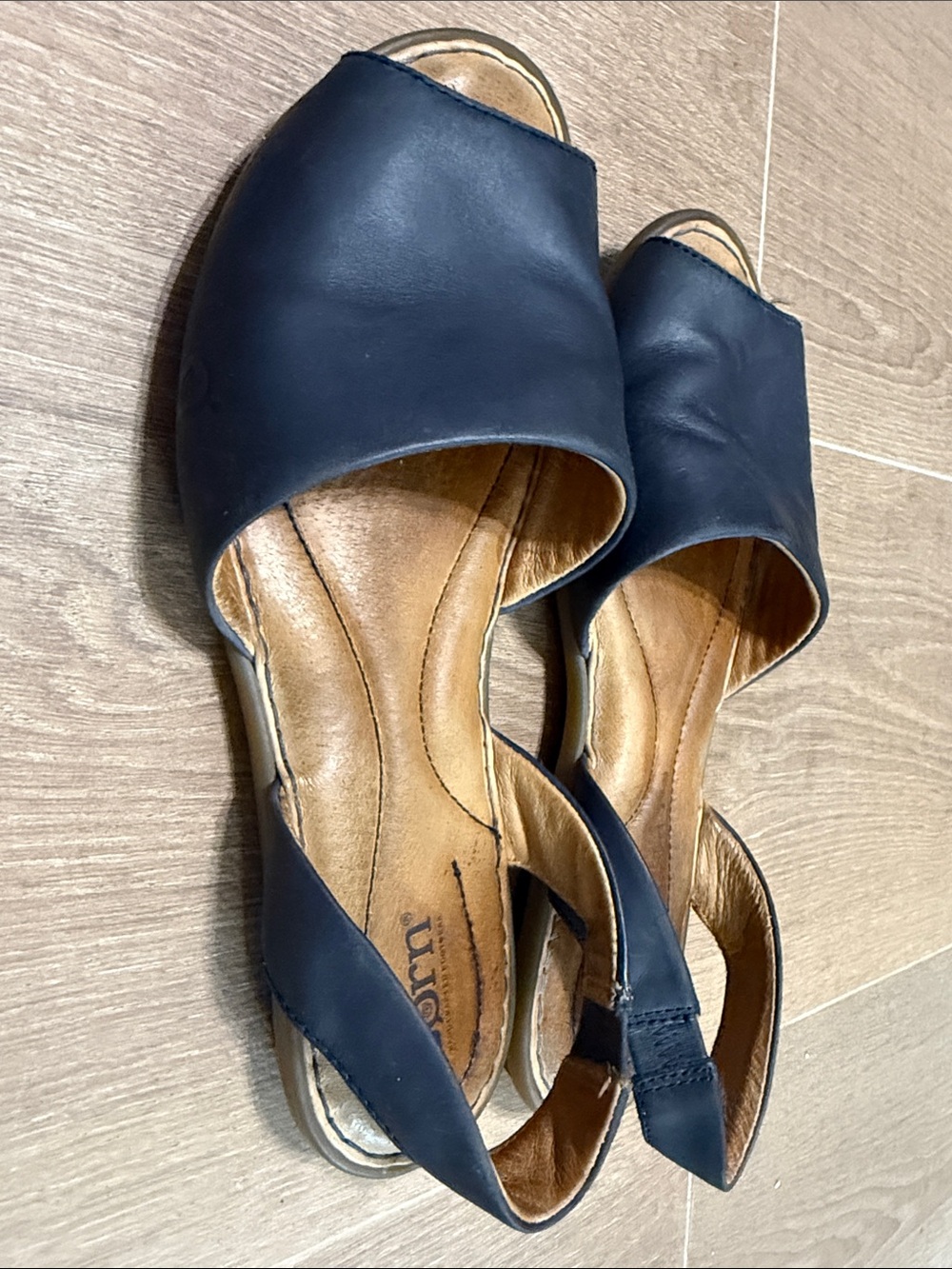 Born Womens Navy Blue Leather Slingback Peep Toe Flat Sandals Size 8